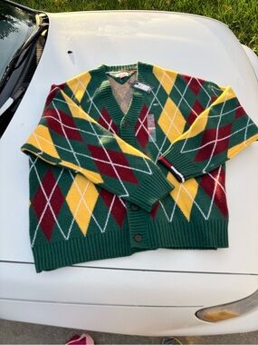 Tommy Hilfiger Green Argyle V-Neck Cardigan with Yellow & Burgundy Diamonds